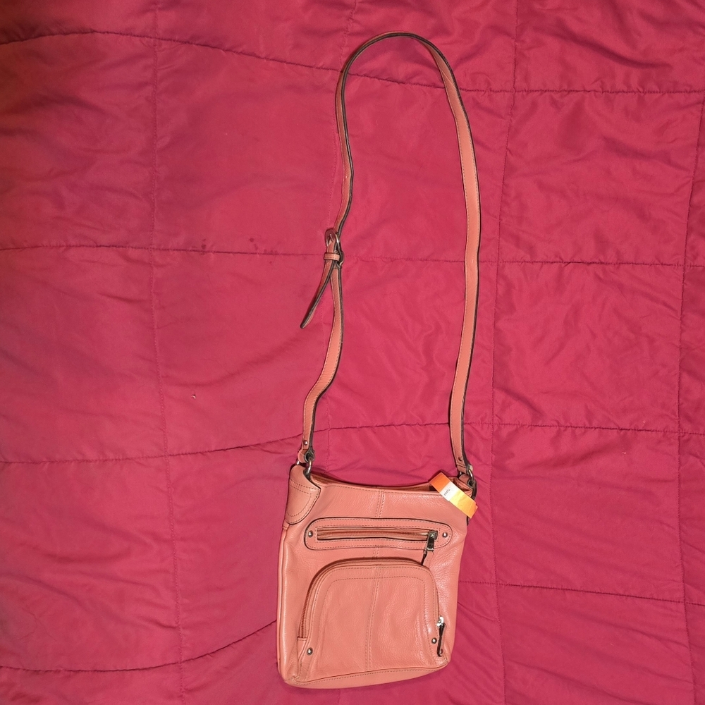 Tignanello Peach Leather Crossbody Shoulder Bag Purse 9 X 9 3/4"